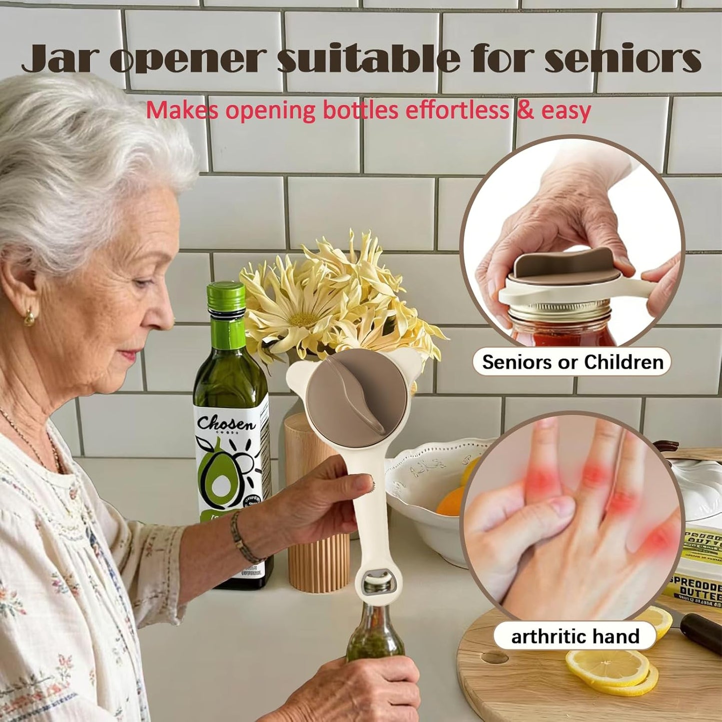 Jar Opener for Seniors, 4 in 1 Multi-Purpose Jar Opener, Adjustable Stainless Steel Lid Remover for Seniors & Arthritis Sufferers, Fits Kitchen Jars, Bottles &Cans, Home Kitchen Helper