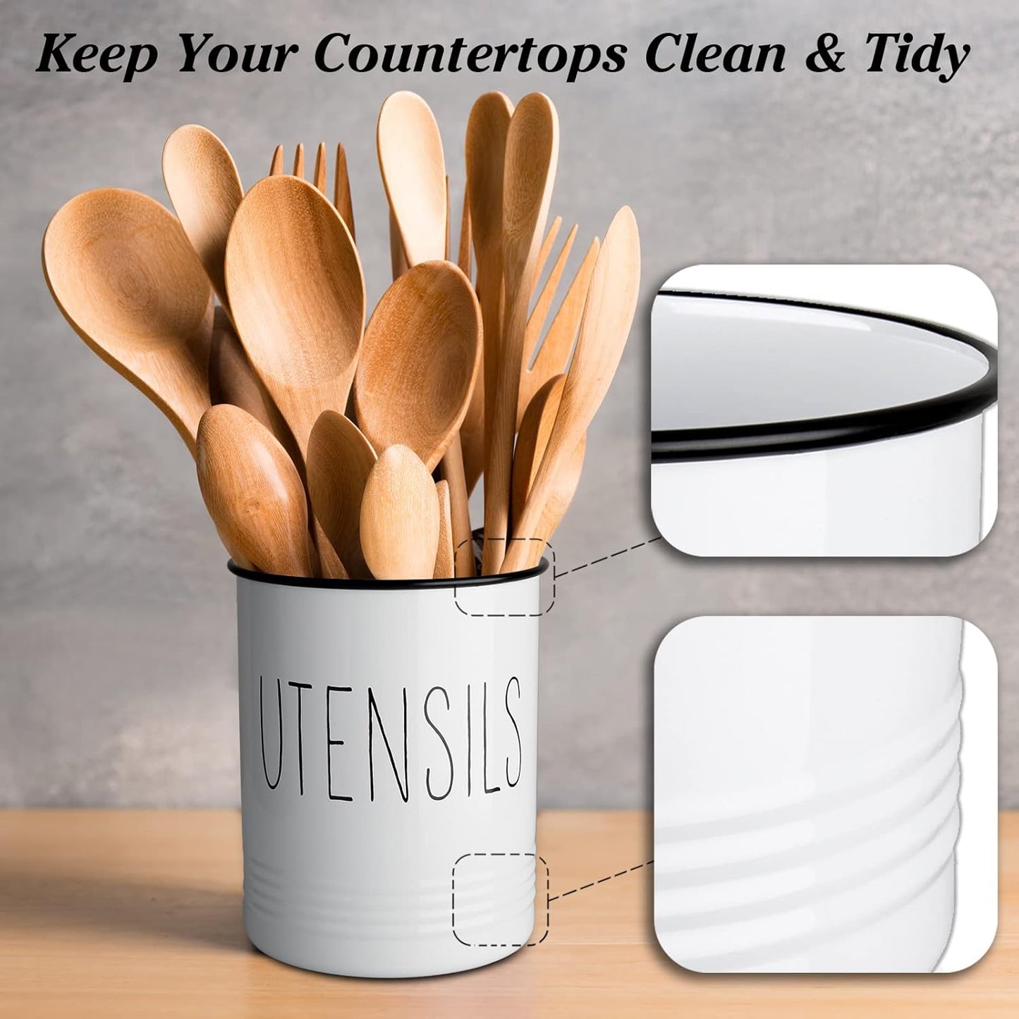 Bivvclaz Kitchen Utensil Holder, 6.7" Utensil Holder for Kitchen Counter, Cooking Utensil Crock with Cork Bottom, Modern Farmhouse Decor, Countertop Utensil Storage Organizer Caddy, Black
