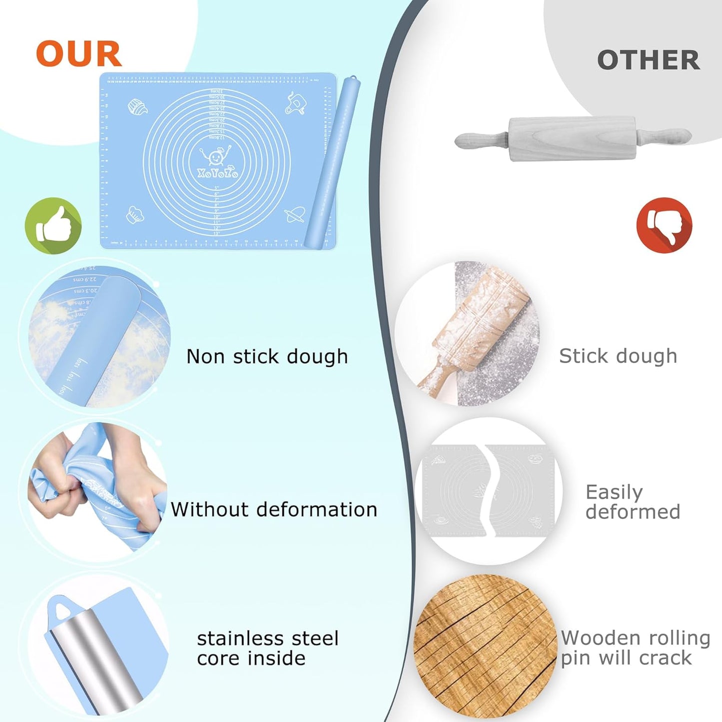 Rolling Pin Silicone Baking Pastry Mat Set,Pizza Dough Roller Baking Mat for Rolling Dough Non Slip Extra Large with Measure,Kitchen Counter Mat for Pie,Crust,Cookies,Bread,Pastries,Pasta, 15.7" x 24"