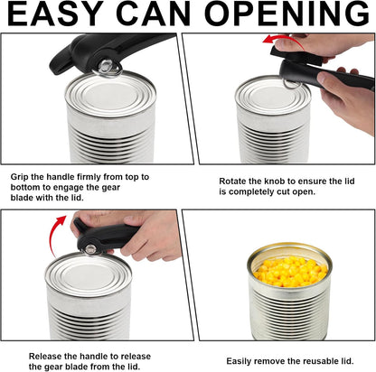 Safety Side Cut Can Opener, Smooth Edge Manual No Sharp Edges Cutting Can Opener Manual with Ergonomic Handle Home Kitchen Utensils Gadgets Practical Accessories Items for Canned Food (Black)