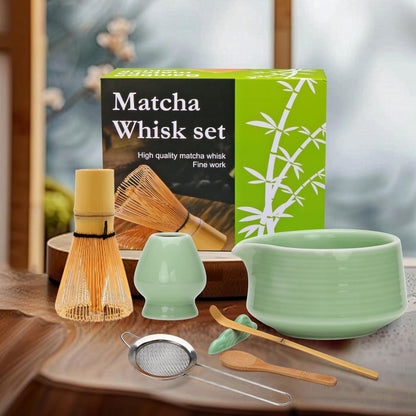 Accguan Matcha Whisk Set, 7pcs - Bamboo & Ceramic, Includes 19 oz Bowl, Whisk, Spoons, Holder, Sifter & More - Perfect for Matcha Lovers