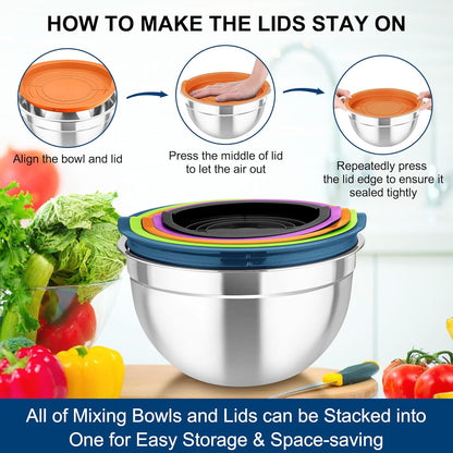 TeamFar Mixing Bowls with Airtight Lids, 5PCS Stainless Steel Metal Salad Bowl with 3 Grater Attachments, for Cooking, Prepping, Serving, Healthy & Easy Clean - 0.7/1/1.5/2.6/4.6QT, Khaki