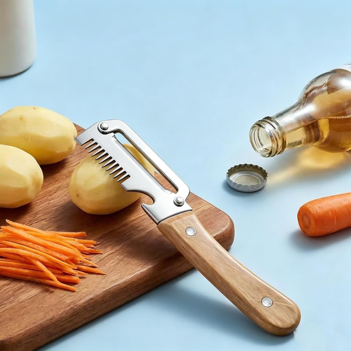 3 in 1 peeler and slicer tool, Serrated Peeling Knife Premium Vegetable Peeler, Multi-function Stainless Steel Thickened Fruit PeelersWooden Handle and Bottle Opener for Fruits and Vegetables (1)