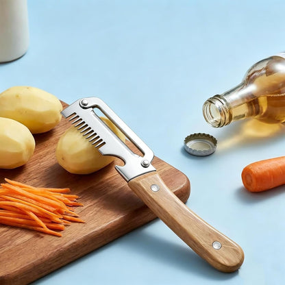 3 in 1 peeler and slicer tool, Serrated Peeling Knife Premium Vegetable Peeler, Multi-function Stainless Steel Thickened Fruit PeelersWooden Handle and Bottle Opener for Fruits and Vegetables (1)