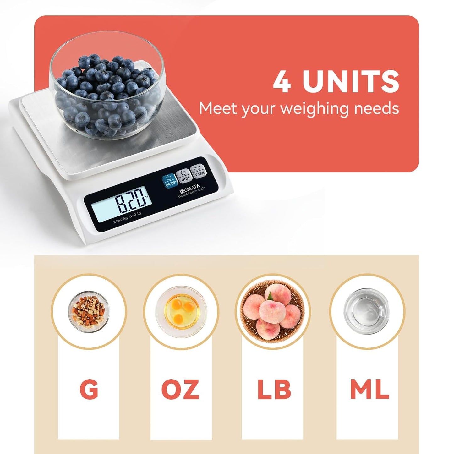 BOMATA 0.1g/ 13lb Food Scale, Digital Kitchen Scale with Removable Stainless Steel Pan, Backlit LCD Display, for Cooking, Baking B621 Grey