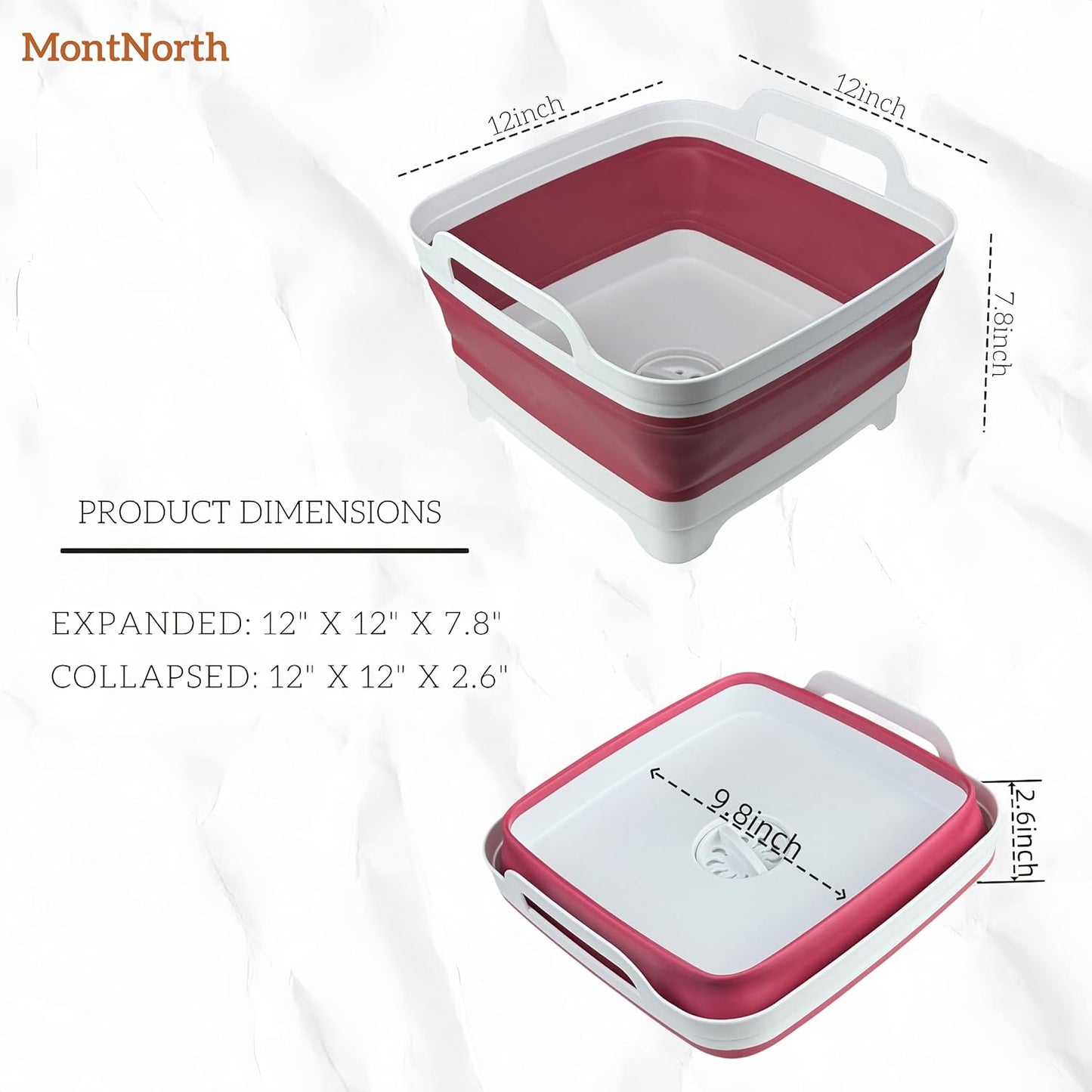 MontNorth Collapsible Wash Basin 9L, Foldable Dish Tub with Drain Plug, Portable Collapsible Dish Basin, Camping Sink for Washing Dishes, Laundry & Kitchen Use,Gray