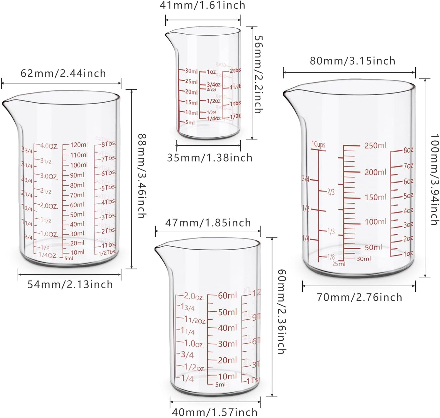 Measuring Cup Set 30ml L(1oz), 60ml (2oz), 120ml (4oz), 250ml (8oz), 4 Piece Glass Liquid Measuring Beakers, High Borosilicate Glass Measuring Cup, V-Shaped Spout
