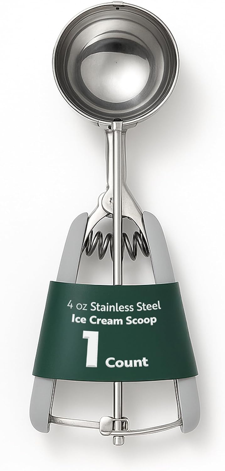 Restaurantware Comfy Grip 4 Ounce Ice Cream Scooper 1 Spring-Loaded Melon Ball Scoop - #8 Built-In Blade Gray Stainless Steel Cookie Baller Dishwasher-Safe Heavy-Duty