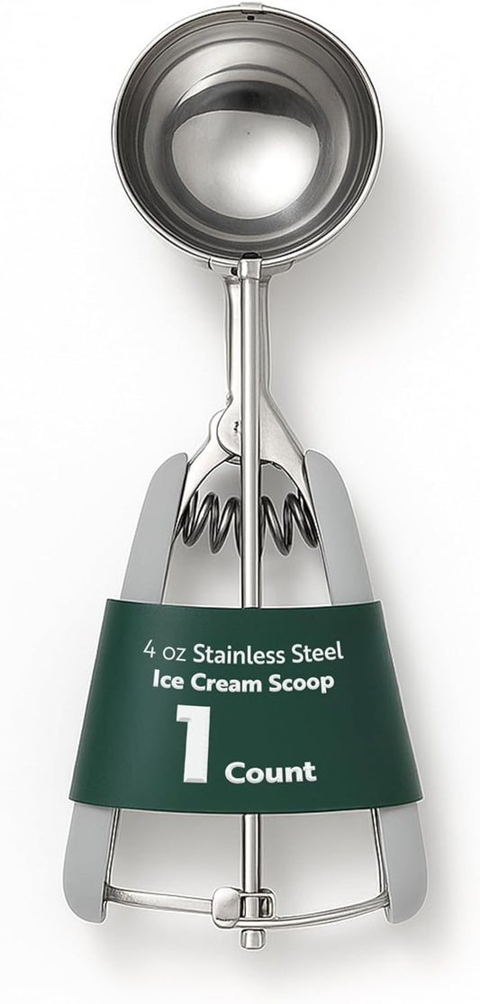 Restaurantware Comfy Grip 4 Ounce Ice Cream Scooper 1 Spring-Loaded Melon Ball Scoop - #8 Built-In Blade Gray Stainless Steel Cookie Baller Dishwasher-Safe Heavy-Duty