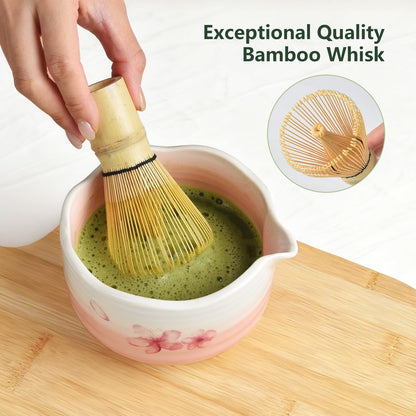 7PCS Matcha Whisk Set, Sakura Cherry Bloosm Matcha Kit Gift for Women Birthdays Mom Girls Kids and Matcha Tea Lover, with Bamboo Whisk, Holder, Bowl, Scoop, Sifter, Towel, and Elegant box