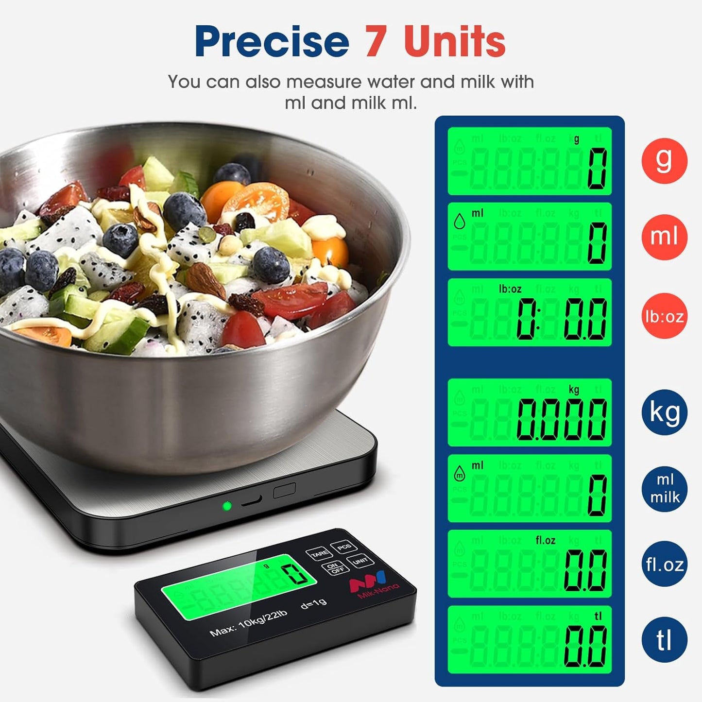 Mik-Nana Food Scale, 22lb Digital Kitchen Scale with 7 Units LCD Display & Tare Function, Stainless Steel Weight Grams and Ounces for Baking, Cooking and Meal Prep (Batteries Included)