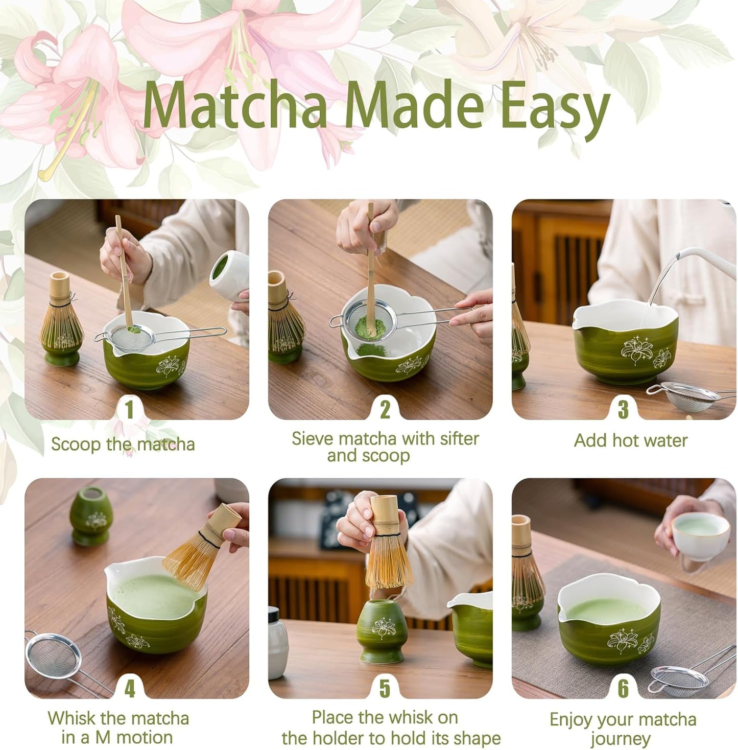 Buucup Matcha Set, Matcha Bowl with Spout, Matcha Whisk and Holder, Bamboo matcha Scoop and Stainless Sifter - 5 Pcs Jade Green Matcha Set Kit for Matcha Lover
