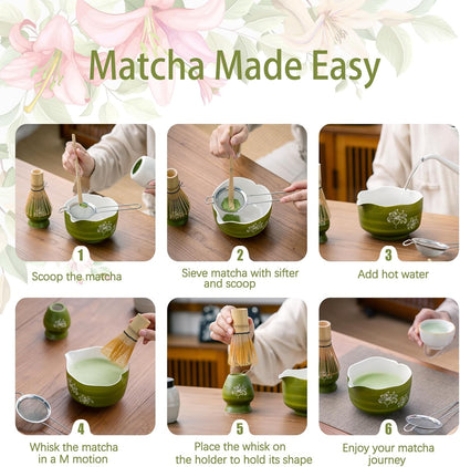 Buucup Matcha Set, Matcha Bowl with Spout, Matcha Whisk and Holder, Bamboo matcha Scoop and Stainless Sifter - 5 Pcs Jade Green Matcha Set Kit for Matcha Lover