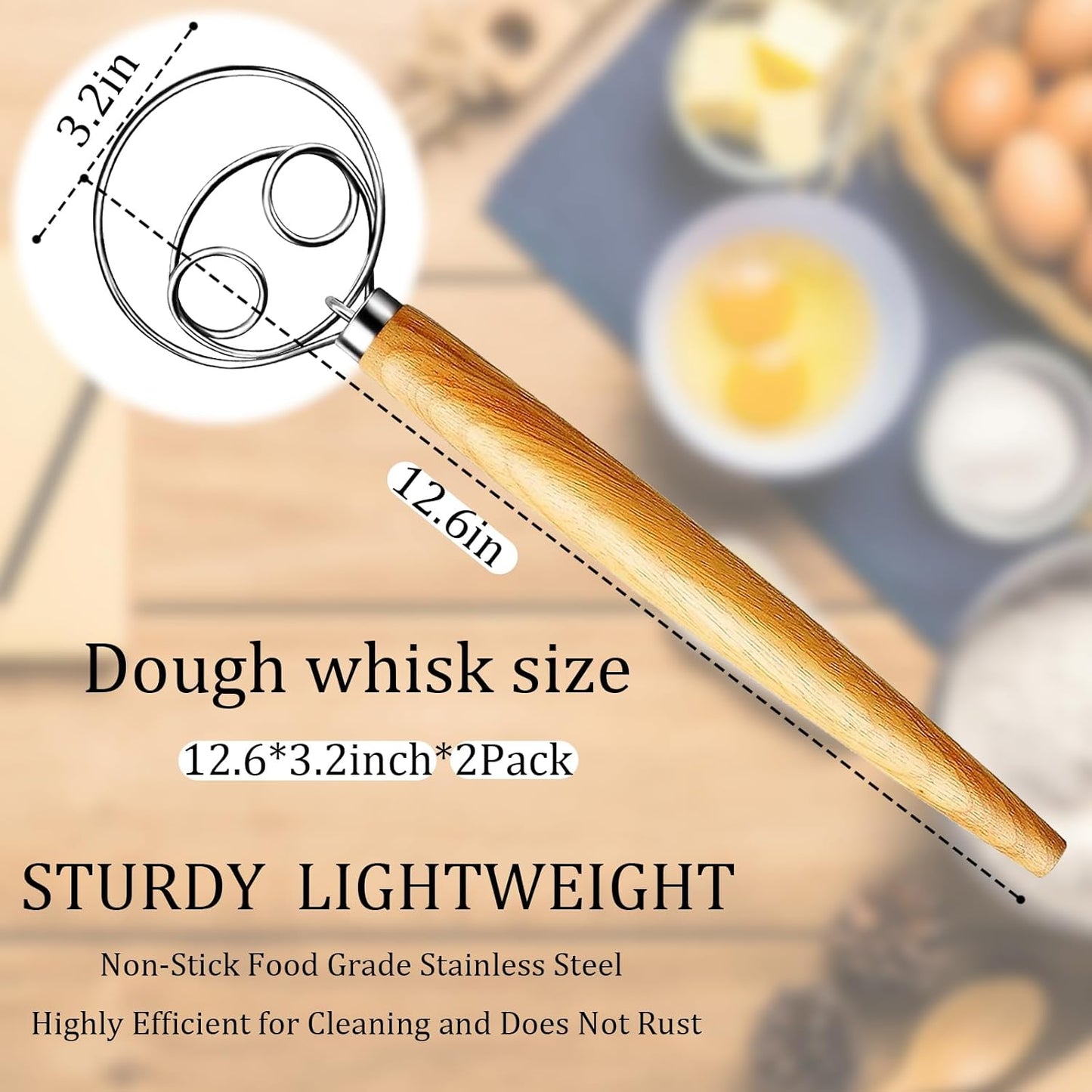 2Pack Danish Dough Whisk - Dough Whisk/Bread Whisk Sourdough Bread Baking Supplies for Cake Bread Pizza Pastry Biscuits, Wooden Hand Stainless Steel Ring Sourdough Baking Dough Mixer
