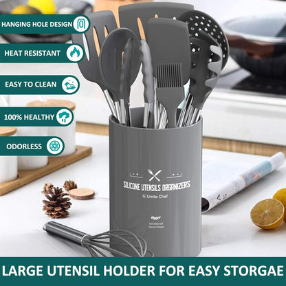 Silicone Cooking Utensil Set, Umite Chef 15pcs Silicone Cooking Kitchen Utensils Set, Non-stick - Best Kitchen Cookware with Stainless Steel Handle - Black Kitchen Utensils