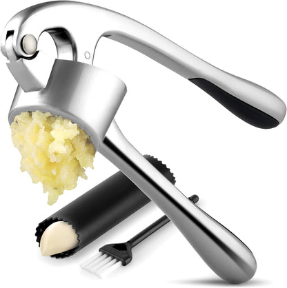 Zulay Kitchen Premium Garlic Press Set - Rust Proof Professional Garlic Mincer Tool - Easy-Squeeze, Easy-Clean with Soft, Ergonomic Handle - Silicone Garlic Peeler & Brush (Silver)