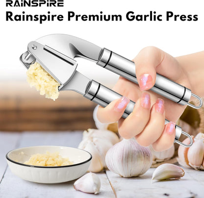 Rainspire Premium Garlic Press Stainless Steel, Garlic Mincer Tool, Garlic Crusher Tool, Garlic Smasher Garlic Masher Includes Silicone Garlic Peeler & Cleaning Brush, Dishwasher Safe (Silver)