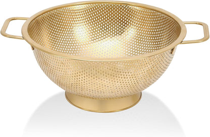 Gold Strainer for Kitchen, 3QT, Stainless Steel Colander with Handle for Fruits Vegetables Cooking Food, Dishwasher Safe