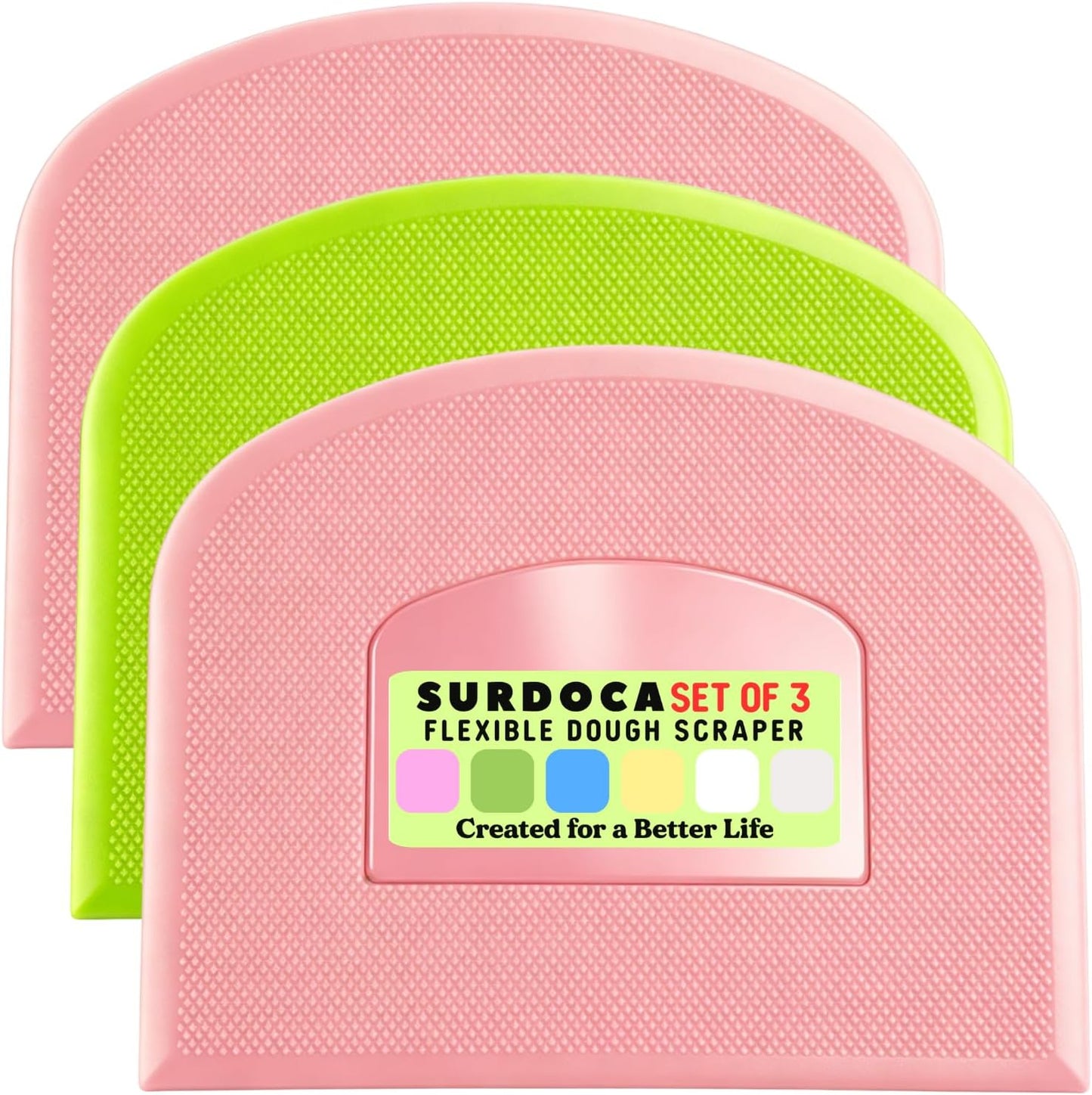SURDOCA Dough Scraper Bench Scraper - 3P 4.7x3.7" Plastic Flexible Bowl Scraper, Sharp Edge & Angles Cake Scraper. Non-Slip Bakeware Decorating Tools Sculpting & Modeling Tools - Green+White+Green - Colors A
