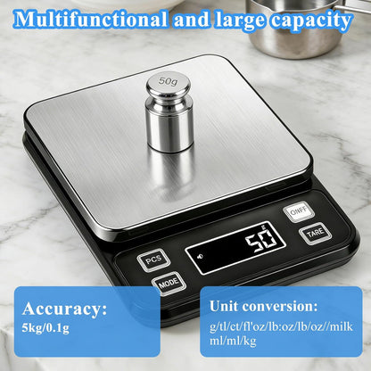 Full Waterproof Digital Scale IP67,5kg Capacity 0.1g Accuracy Kitchen Scale with Type-C Charging Tare Function Stainless Steel Platform for Baking Seafood Food Processing Hardware Counting