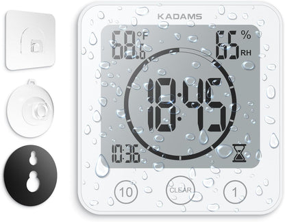 KADAMS Shower Clock Waterproof Bathroom Timer – Digital Wall Clock with Countdown, Magnetic Kitchen Clock with Temperature & Humidity, Suction Cup for Kids Shower Spa Cook Bath (Black)