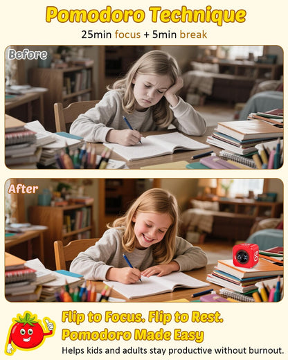 Digital Pomodoro Timer Cube 5/10/25/50min, Visual Productivity Flip Timer for Kids Classroom Desk, Custom Countdown, Silent and Sound Mode for ADHD Study Work Game Kitchen (Orange)