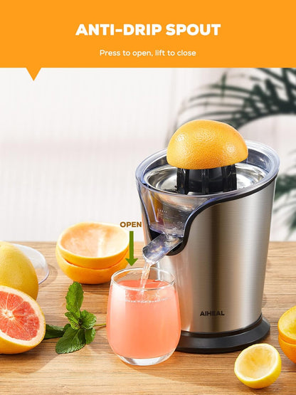 Aiheal Orange Juicer Machine Electric Citrus Juicer with Two Interchangeable Cones Suitable for All Size of Citrus Fruits, Anti-drip Spout and Ultra Quiet Motor, BPA Free, Brushed Stainless Steel