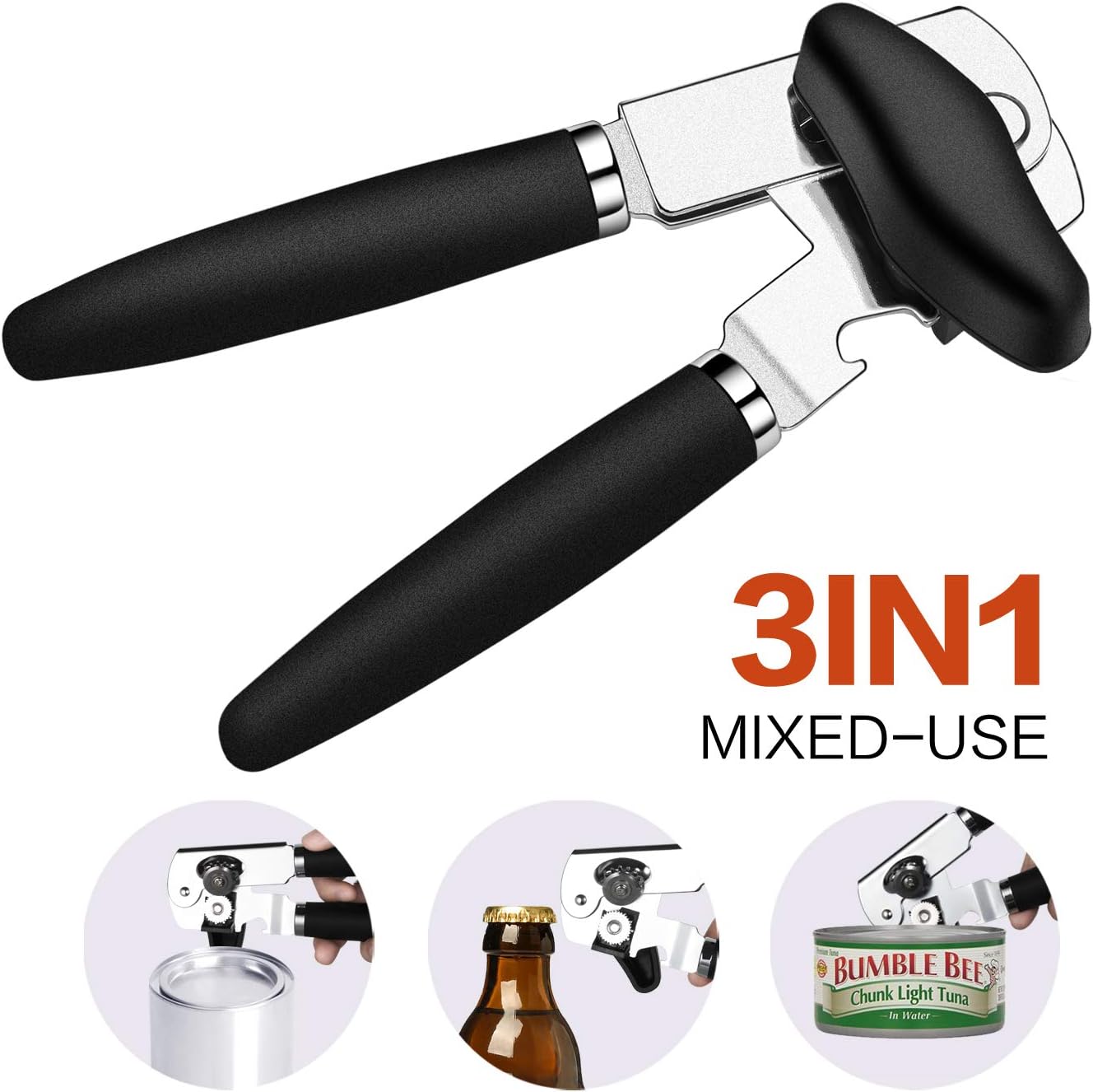 Can Opener Stainless Steel Manual Can Opener Easy Turn Knob Sharp Cutting Wheel Good Grips with Built-in Bottle Opener