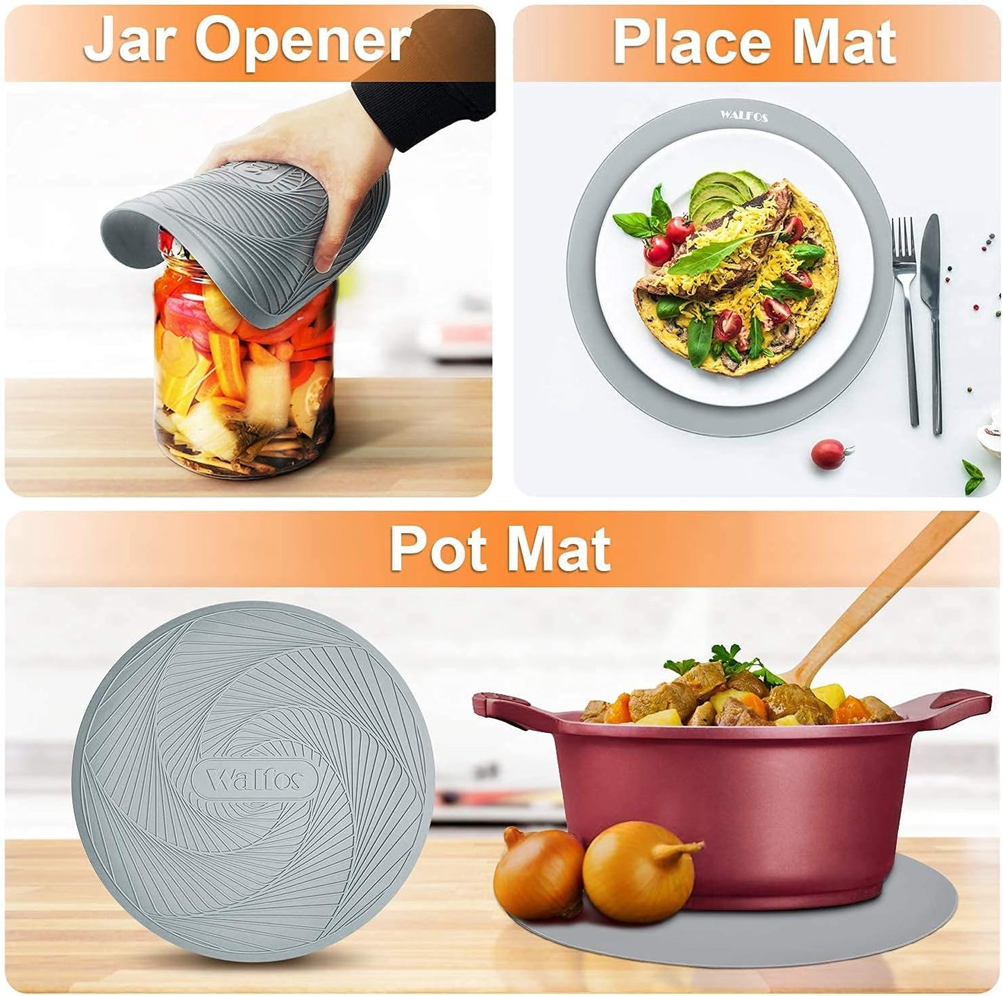 Walfos Silicone Trivet Mats - 4 Heat Resistant Pot Holders, Multipurpose Non-Slip Hot Pads for Kitchen Potholders, Hot Dishers, Jar Opener, Spoon Holder, Food Grade Silicone & BPA Free (Black)