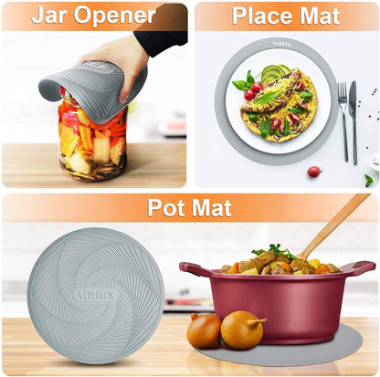 Walfos Silicone Trivet Mats - 4 Heat Resistant Pot Holders, Multipurpose Non-Slip Hot Pads for Kitchen Potholders, Hot Dishers, Jar Opener, Spoon Holder, Food Grade Silicone & BPA Free (Black)