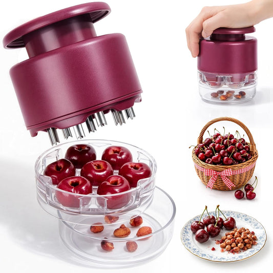7 Hole Cherry Pitter, Upgraded Stainless Steel with Layer Separation (Fruit & Pit Separate), Anti-Splash Cover, Professional Multi-Cherry Remover for Baking, Kitchen Gadget (Red)