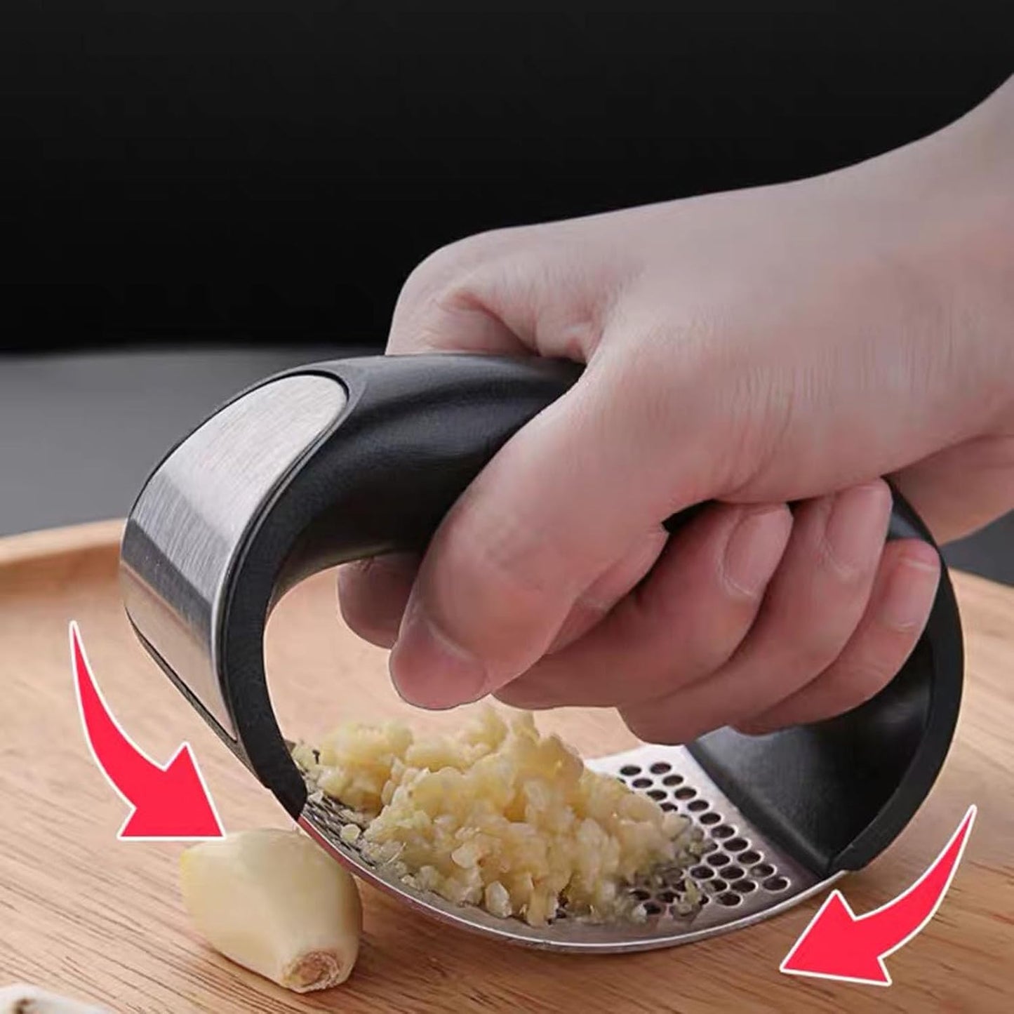 Innovative Rocking Garlic Press Set–Premium Stainless Steel Garlic Crusher with Ergonomic Handle,Includes Garlic Peeler&Cleaning Brush,Easy to Clean,Effortless Mincing Tool for Kitchen