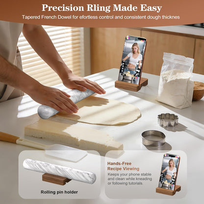 French Rolling Pin for Baking, FiiMan 12 Inch Marble Rolling Pins with Wooden Stand, Heavy Stone French Polished Non-Stick Roller Pins For Baking Cookie Pizza Pastry (Black)