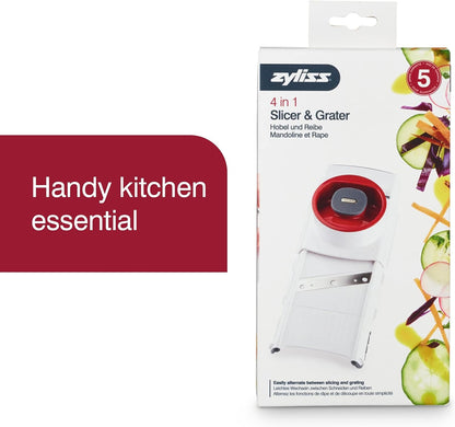 Zyliss Easy Control Handheld Slicer - Vegetable Slicer & Chopper - Fruit Cutter - Handheld Slicer with Two Stainless Steel Blades - Dishwasher Safe - White/Red, 13 inches