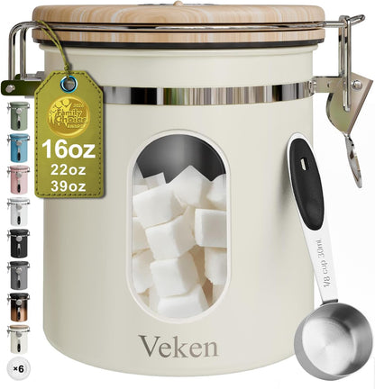 Veken Coffee Canister with Window,Airtight Stainless Steel Pantry Container,Home Kitchen Food Storage Organizers for Ground,Beans,Espresso,Rice,Tea,Sugar,Cereal, Decor,Bar Accessories,Gifts,22OZ,Black