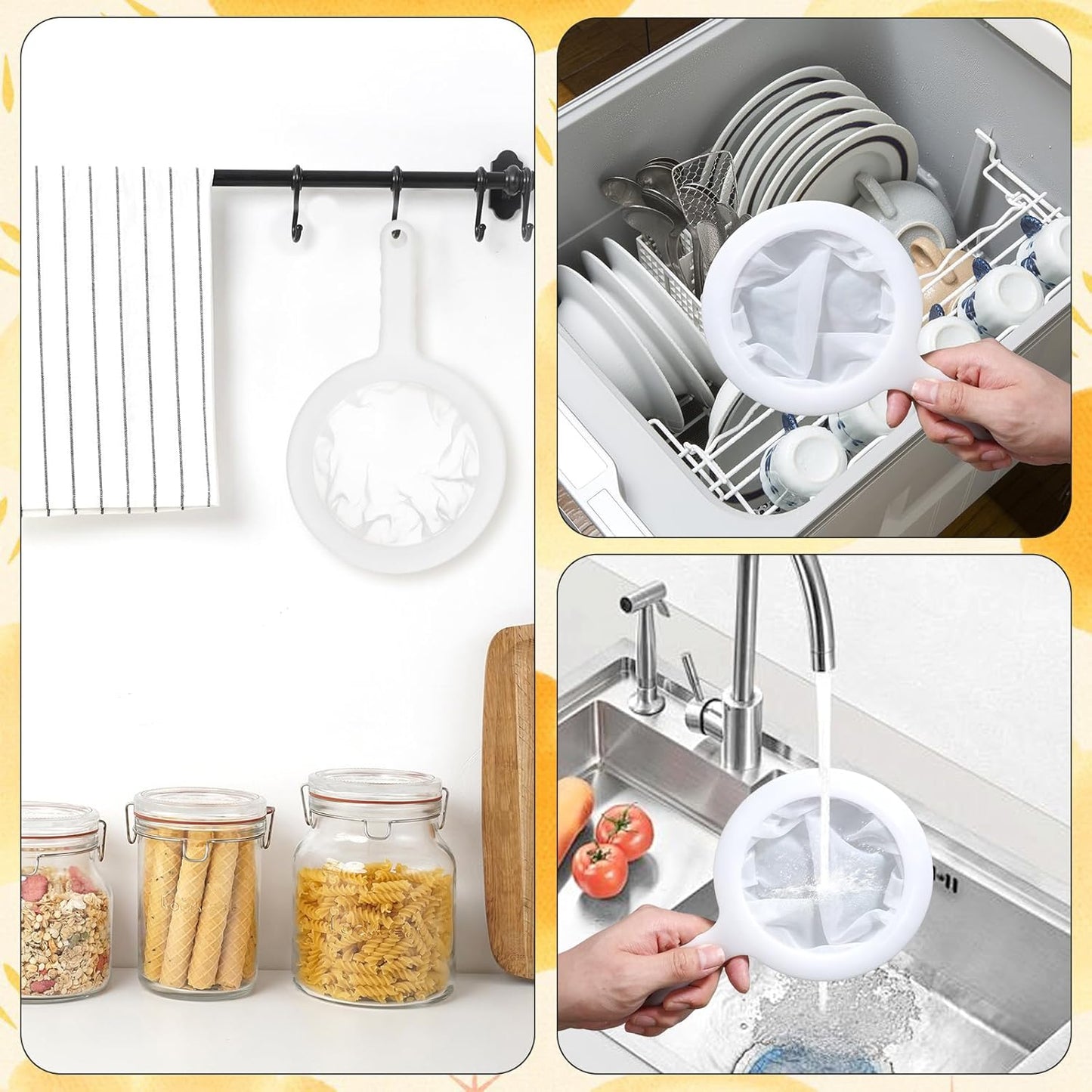4 Pcs Kitchen Ultra-Fine Nylon Mesh Strainer(100/200/400) Brine Shrimp Net Sieve Fish Net Aquarium Sieve Reusable Food Grade Fine Filter Plastic Mesh Colander with Handle for Soy Milk Coffee