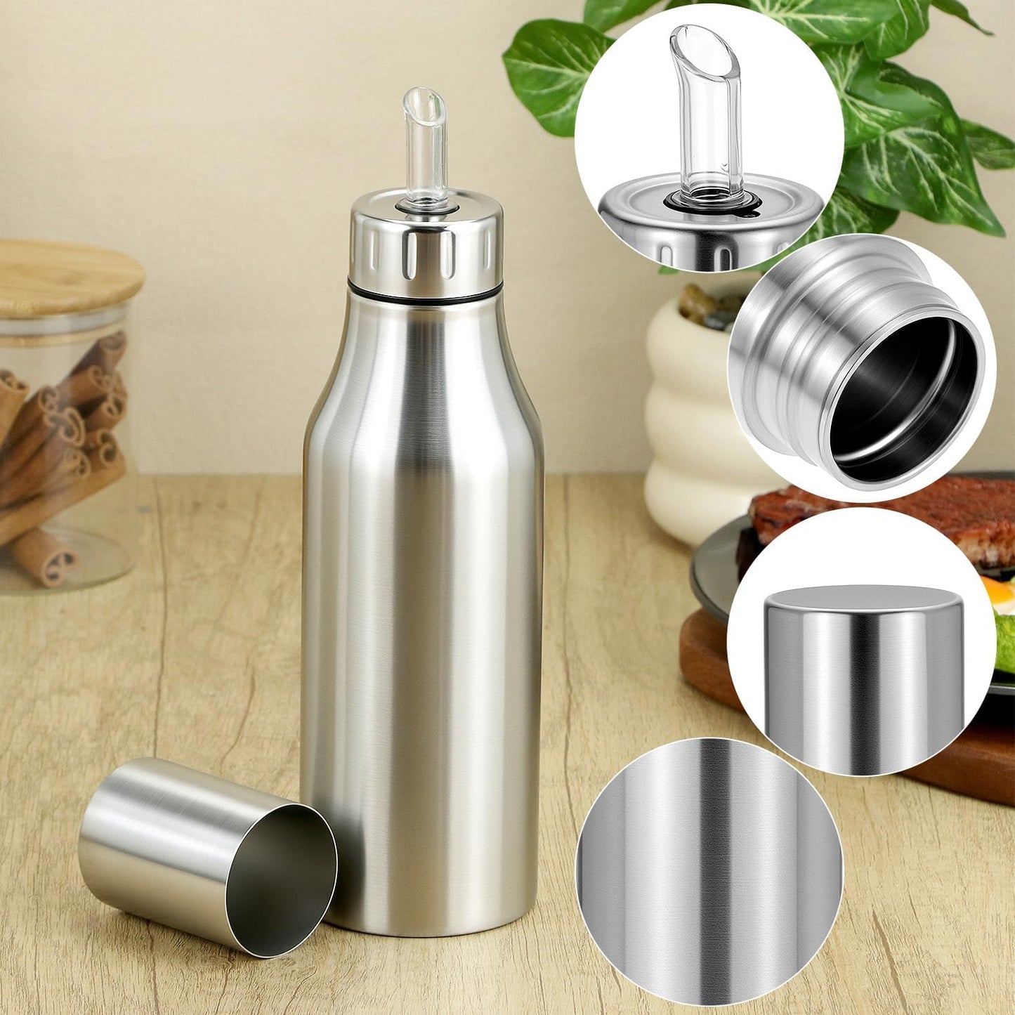 QWORK 304 Stainless Steel Olive Oil Dispenser Bottle, 25oz Oil Decanter with Easy Pour Spout, Anti-Drip Design, 750ml Oil Cruet for Kitchen Cooking & Salad Dressing, 2.9W x 10.2H