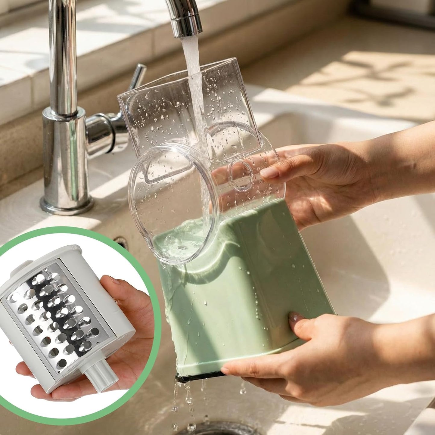 6-in-1 Multifunctional Rotary Cheese Grater with 11 Blades Dice Shred Slice Vegetable Chopper with Suction Base 360° Rotating Handle Safety Push Cup Multi Food Slicer Dicer for Kitchen(Green)