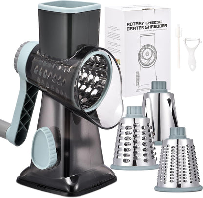 Rotary Cheese Grater with Handle Kitchen Shredder Slicer Grater Slicer Ice Shaver Cheese Vegetable Nuts Potato Zucchini Chocolate 3 Interchangeable Blades (Dark Grey TSP)