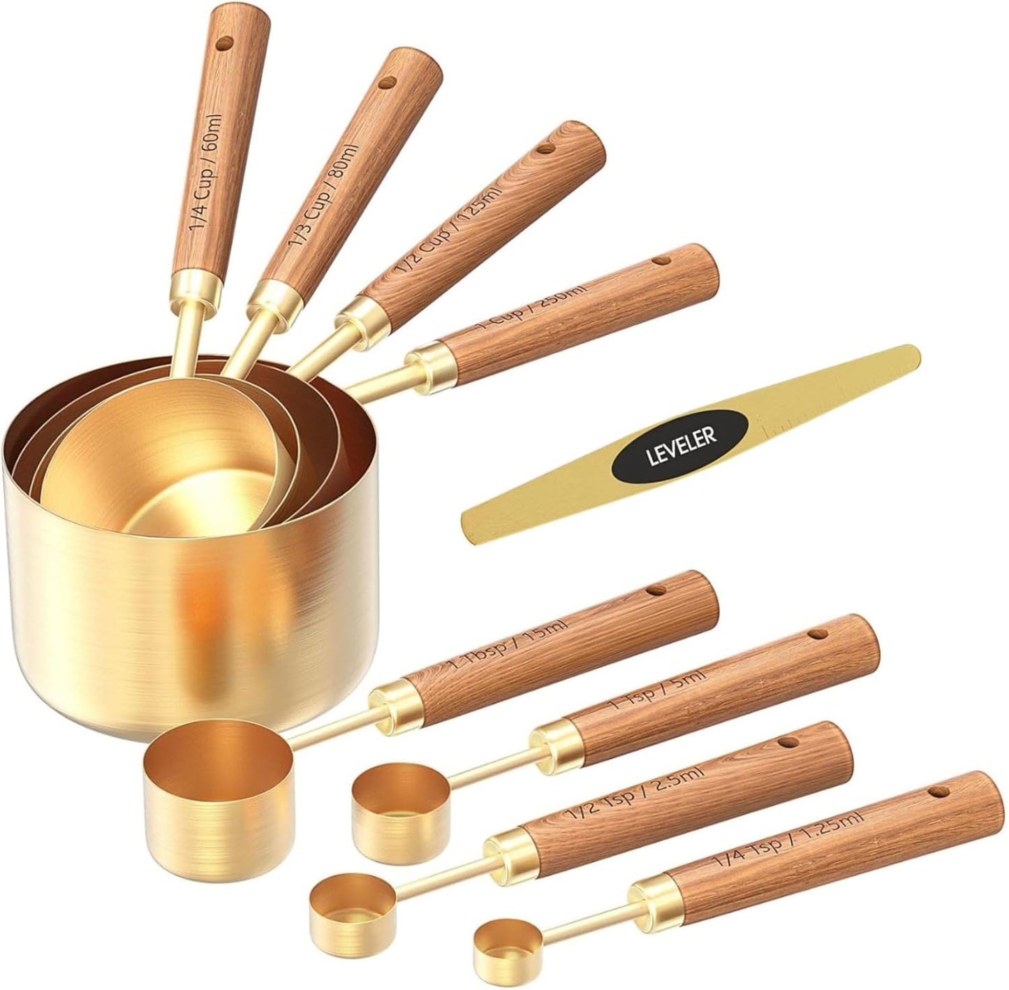 NAZANIN Gold Measuring Cups and Spoons Set with Leveler - 9 Piece Luxury Acacia Wood & Stainless Steel - Aesthetic Kitchen Decor - Professional Baking Tools - Wedding & Housewarming Gift
