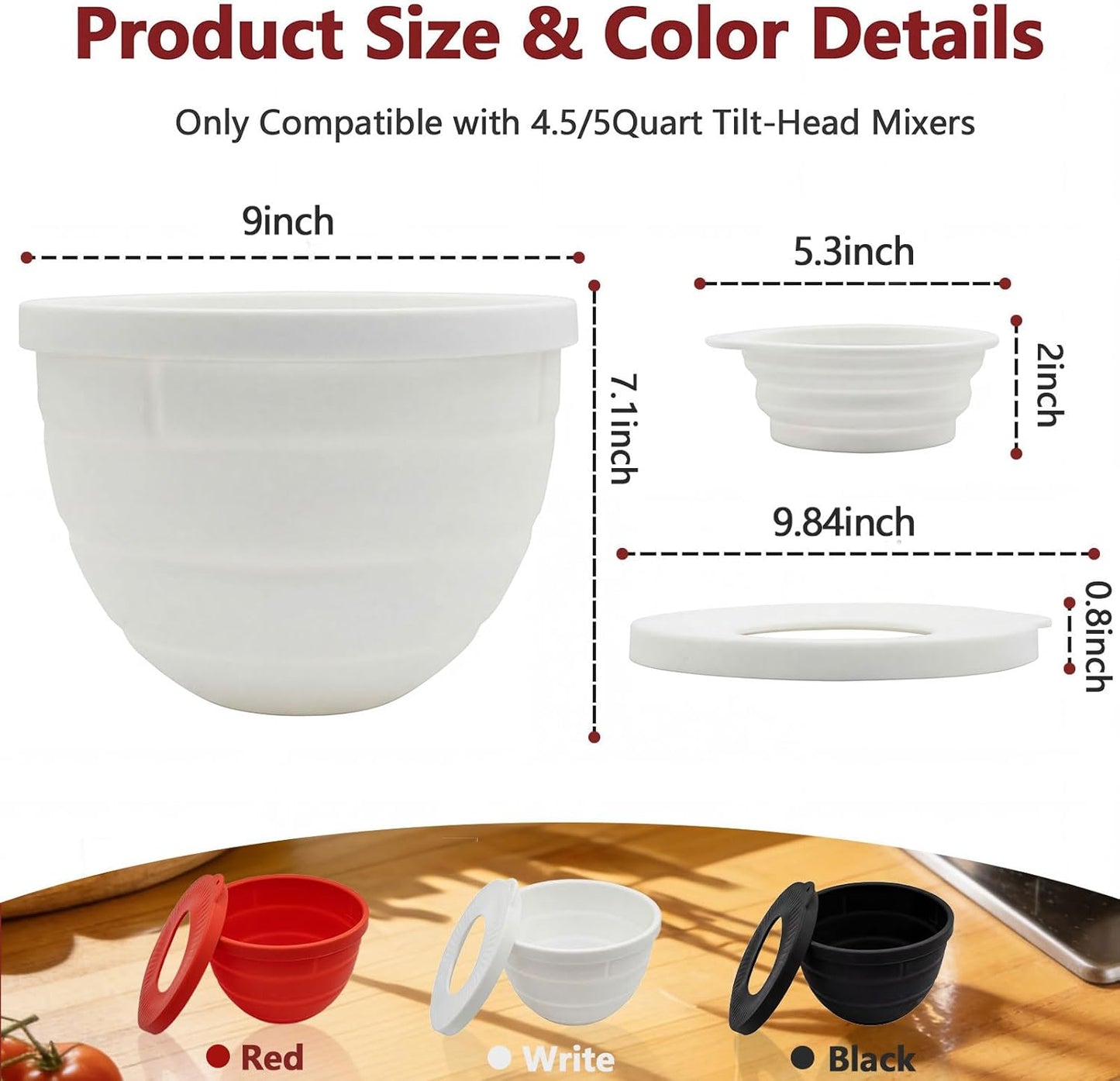Silicone Bowl Liner for KitchenAid Mixer 4.5/5QT, Collapsible Mixing Bowl Insert with Airtight Lid, Food Grade Silicone KitchenAid Stand Mixer Bowl Liner, Heat Resistant, Dishwasher Safe, 1 (Black)
