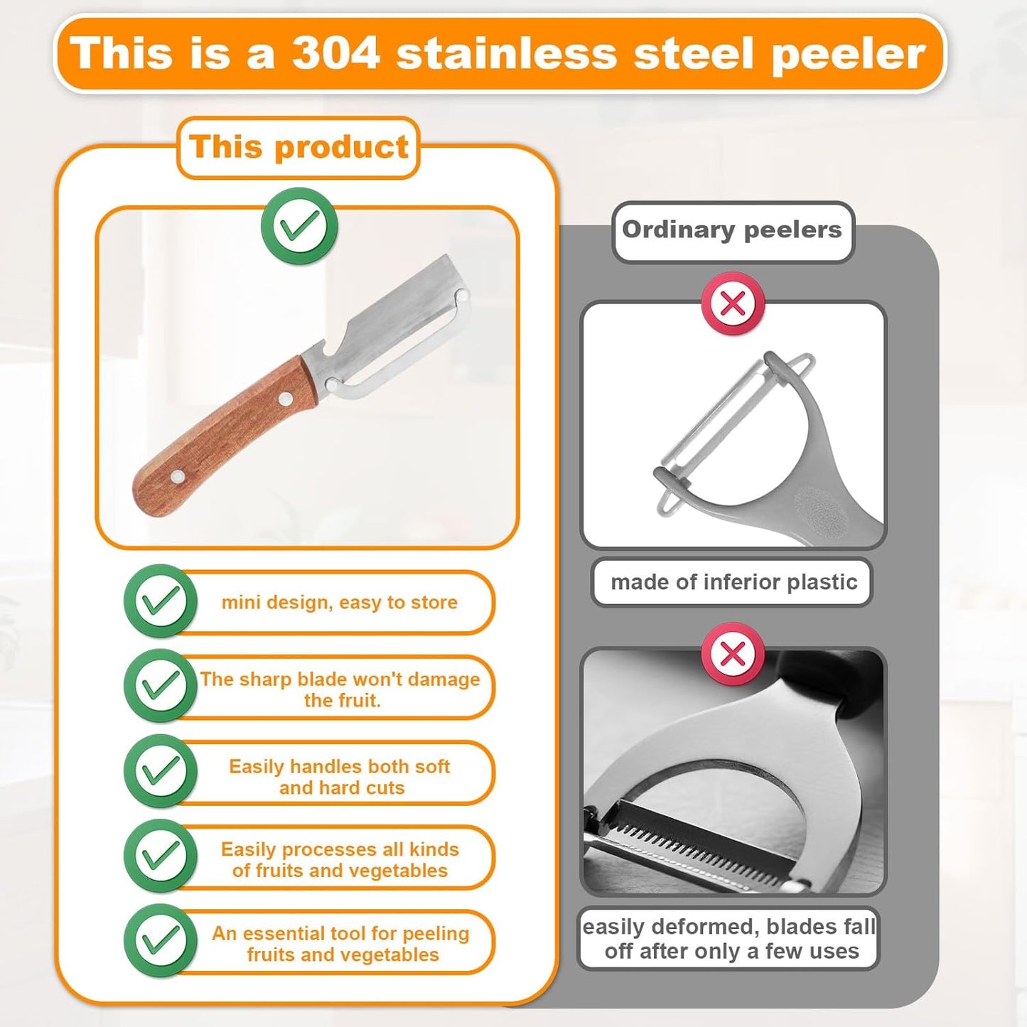 Multi-Functional Vegetable Peeler with Wooden Handle, Stainless Steel Thick & Thin Skin Fruit Peeler with Bottle Opener, Not for Left-Handed Users, Practical Kitchen Tool for Apple Potato
