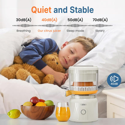 Sunvivi Electric Citrus Juicer, 90W Automatic Juice Squeezer with High-Speed 15,000 RPM, Ideal for Orange, Lemon, and Soft Fruits, Compact and Easy to Clean, Includes Cleaning Brush, White
