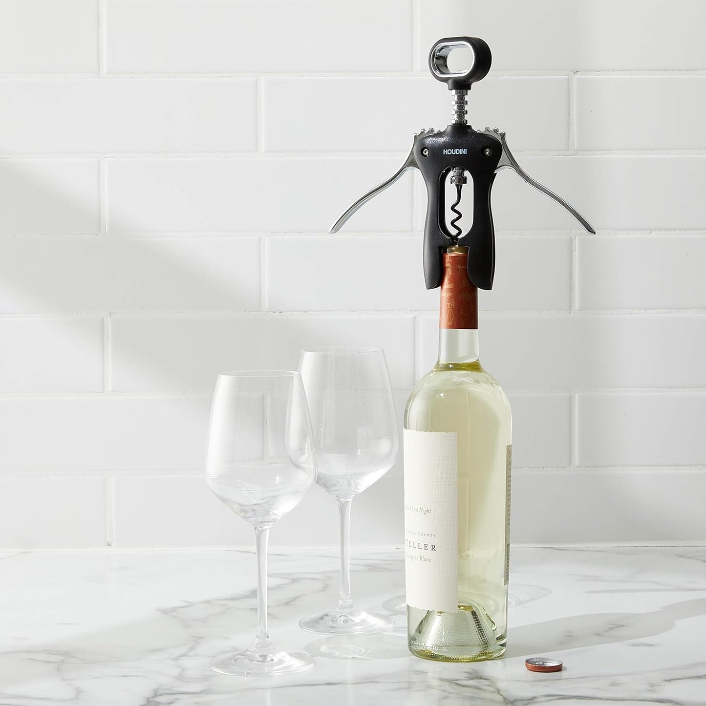 Houdini Wing Corkscrew Wine Bottle Opener, Stainless Steel Non-Stick Spiral, Dishwasher Safe, Clamps Securely onto Bottle, Will Not Crumble Corks