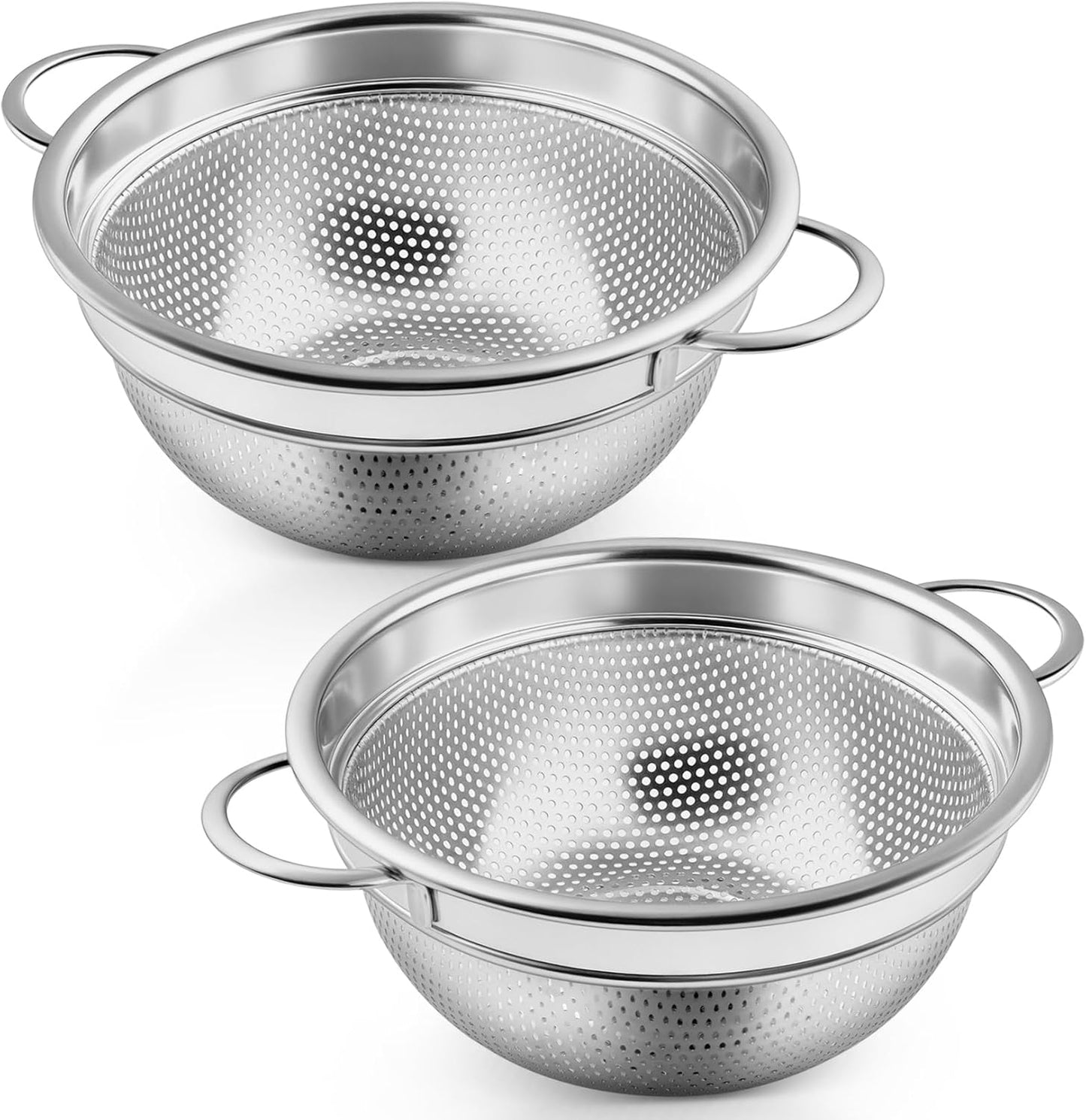 P&P CHEF Colander Strainer Stainless Steel 3 Quart, Metal Micro-Perforated Colander for Kitchen Food, Ideal for Rinsing Washing Draining, Dishwasher Safe, Shiny Silver, 1PC