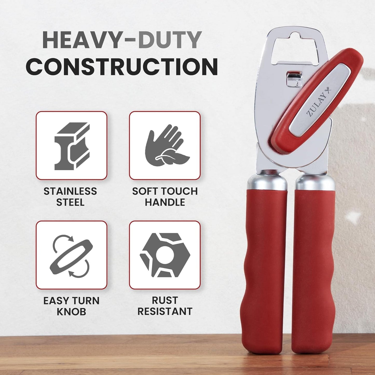 Zulay Kitchen Heavy Duty Stainless Steel Can Opener Manual with Bottle Opener - Rust Proof Manual Can Opener With Turn Knob & Comfy Soft Grip Handles - Black