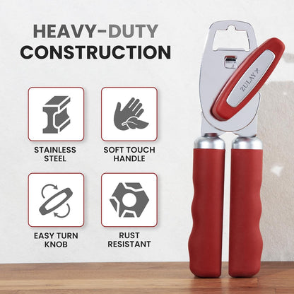 Zulay Kitchen Heavy Duty Stainless Steel Can Opener Manual with Bottle Opener - Rust Proof Manual Can Opener With Turn Knob & Comfy Soft Grip Handles - Black