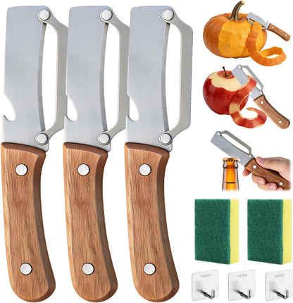3PCS MultiFunctional Vegetable Peeler, 2 in 1 Stainless Steel Vegetable Peeler with Wooden Handle and Bottle Opener, Sharp Veggie Peeler, Peelers for Kitchen, Fruit Apple Potato Pumpkin Papaya
