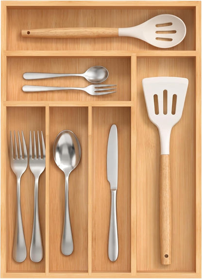 Bamboo Silverware Organizer, Kitchen Drawer Organizer, Utensil Holder, Cutlery Tray & Spoon Flatware Storage with Grooved Drawer Dividers (9.5''W x 13.5''D)