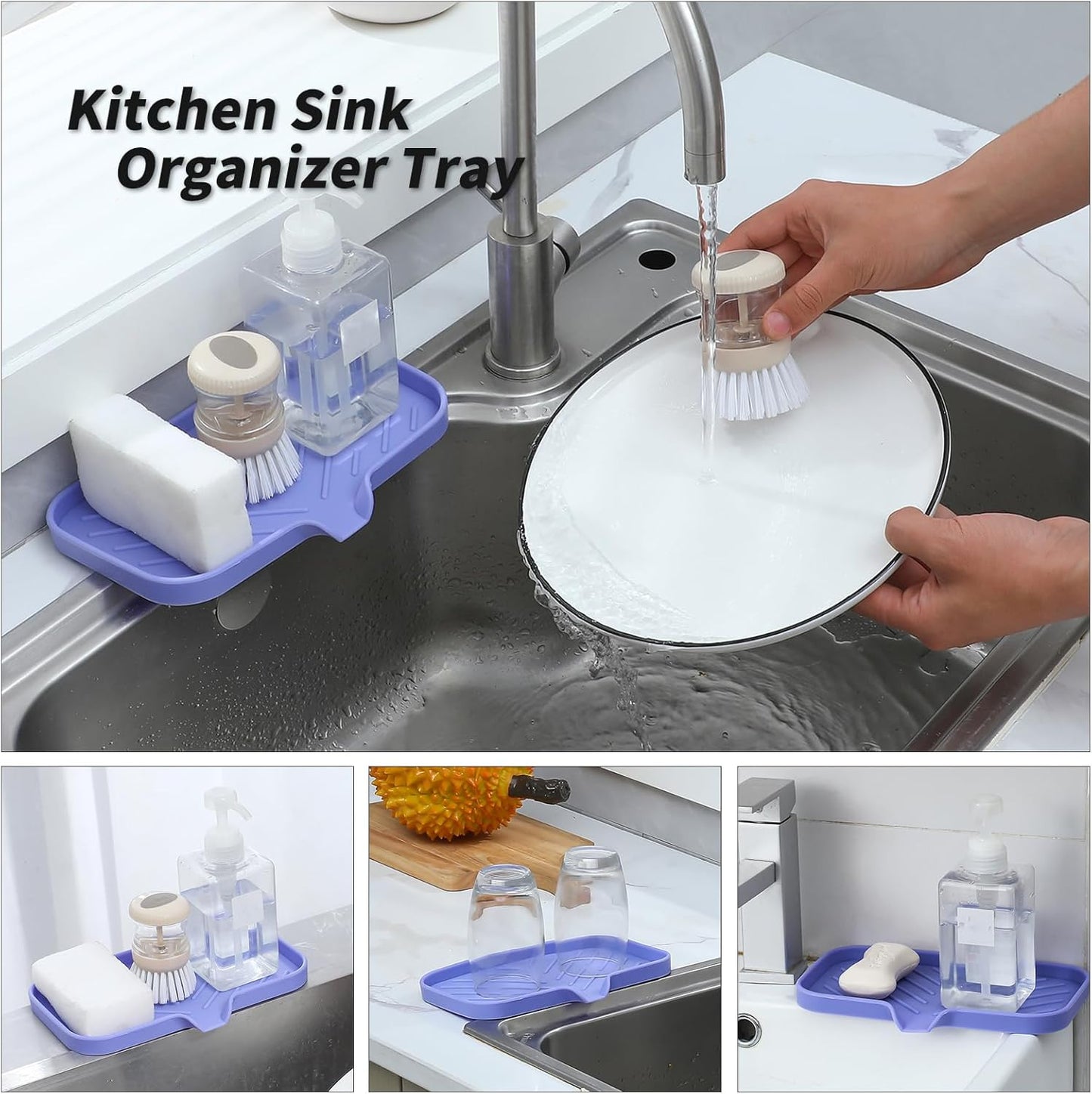 MicoYang Silicone Soap Dish with Drain Spout, Self-Draining Sink Organizer Tray for Bathroom and Kitchen, Sponges, Dispensers and Soap Holder, Non-Slip and Dishwasher Safe, Black (Compact, 4.9"×3.2")